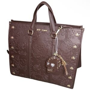 BETSEY JOHNSON XL BROWN SKULLS & ROSES TOTE RHINESTONE SKULL PURSE CHARM NWT